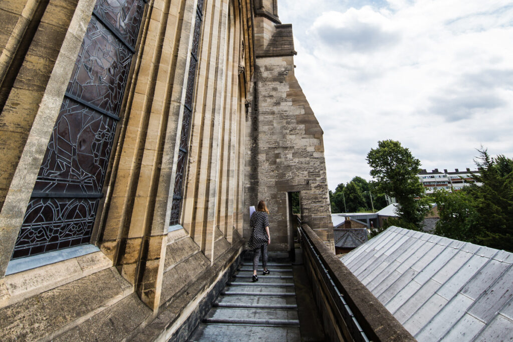 Person on walkway on cathedral roof.