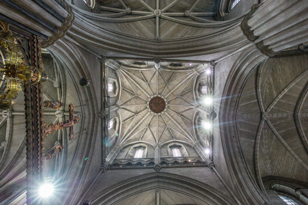 View of St John The Baptist Cathedral ceiling from below,