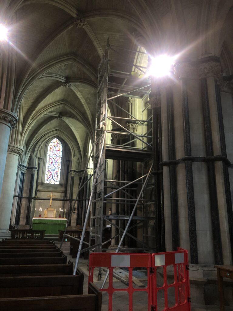 Scaffolding and spotlight in cathedral.