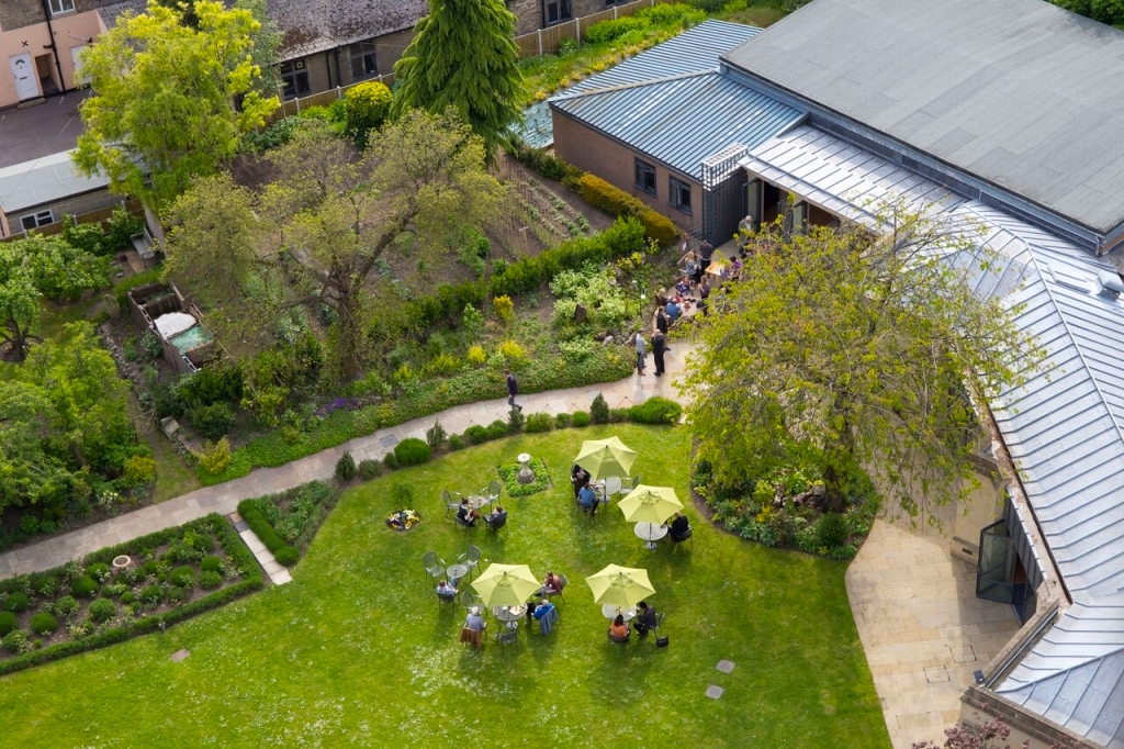 Looking down at cathedral lawn from above